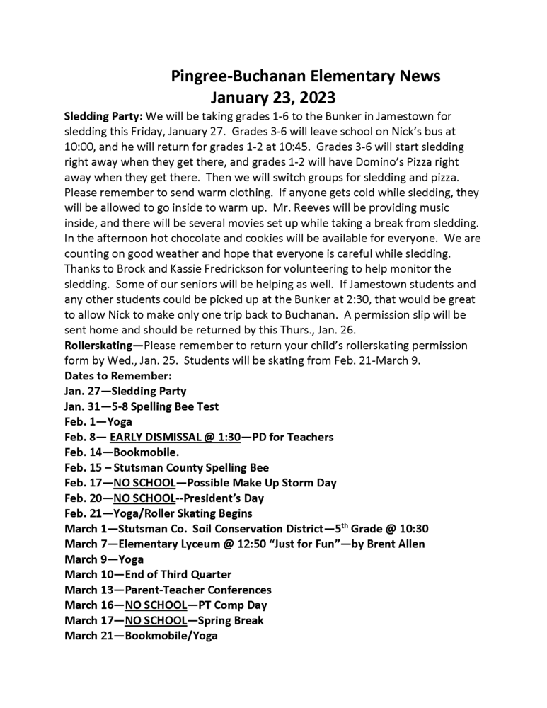 Elementary News January 23, 2023 | Pingree-Buchanan Public Schools