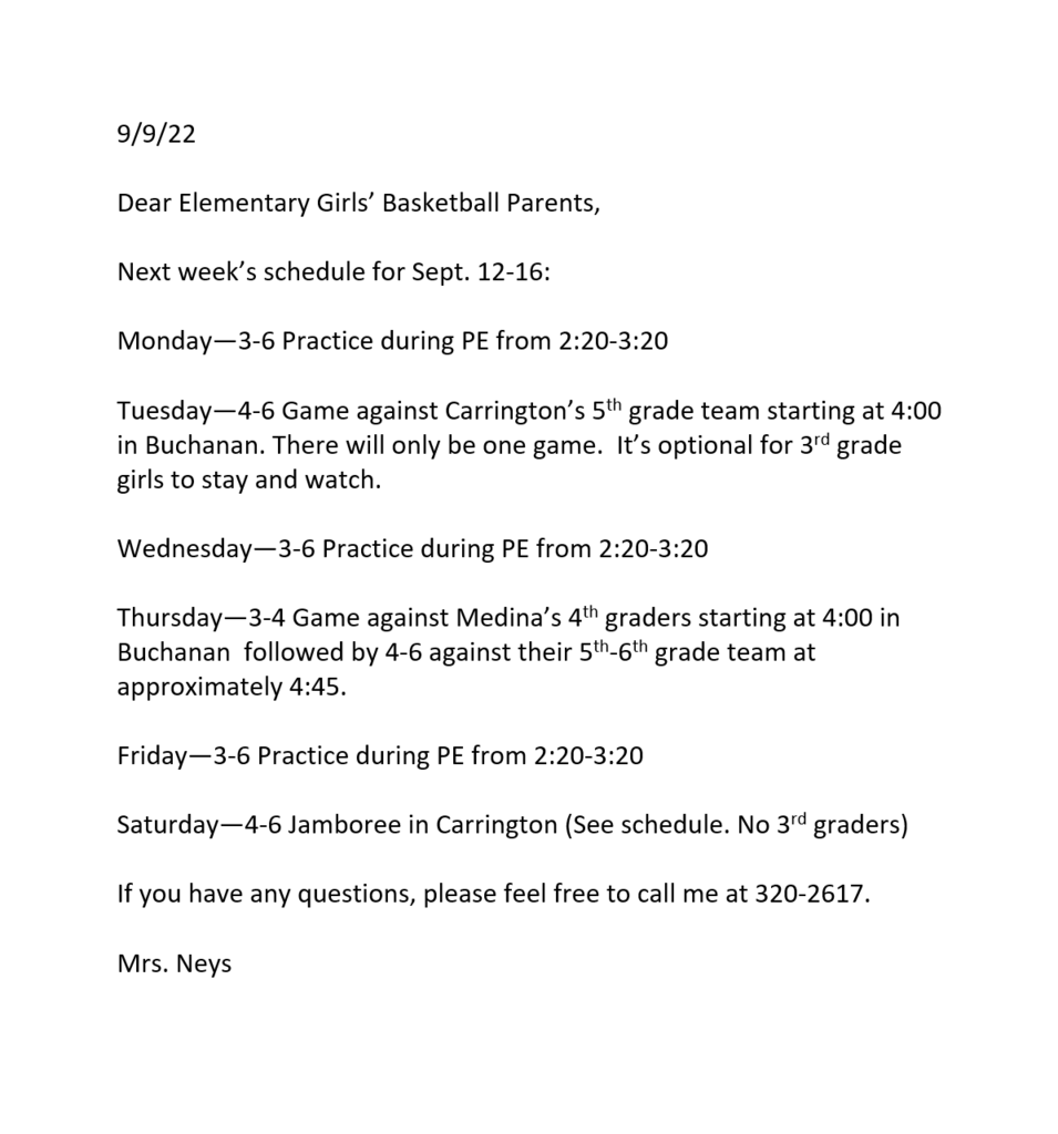 Elementary GBB Schedule 9/12-9/16