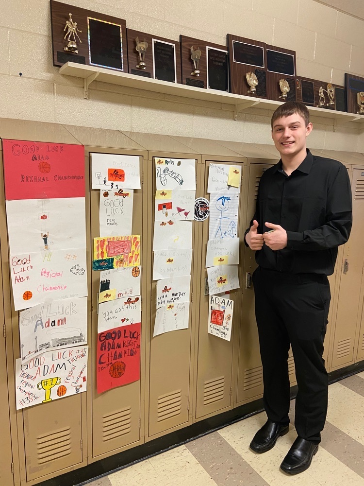 Thank you Elementary students for making good luck cards for Adam. we had to give him a few extra lockers just to hang them all up! Adam has been a teacher aide at the elementary this semester. GO THUNDER!!!